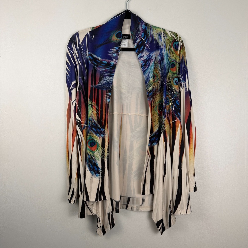 Jostar Cardigan Womens M Multicolor Abstract Print Long Sleeve Draped Open Front
